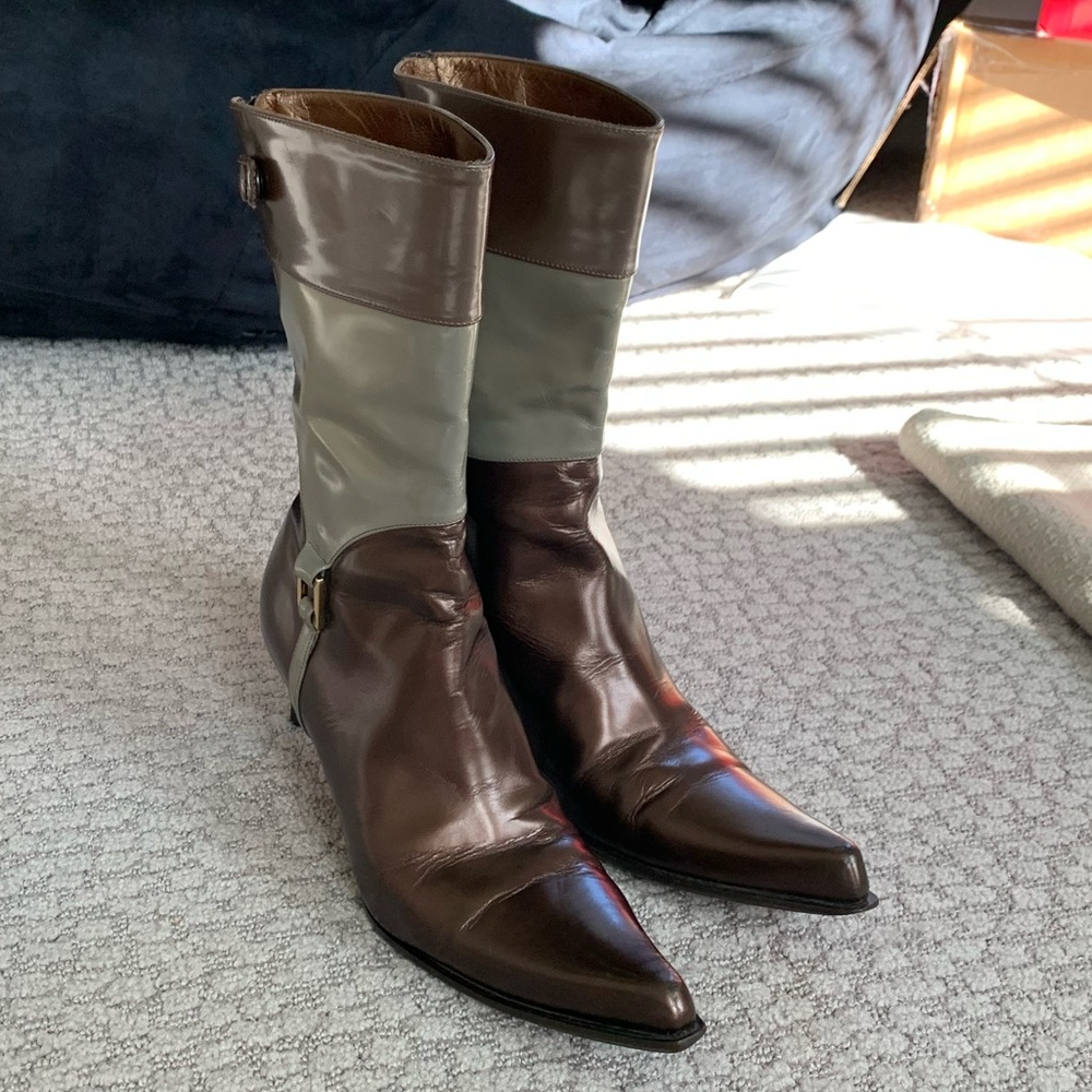 Vintage Debut Pointy Toe Metallic Leather Booties 37 Made in Italy
